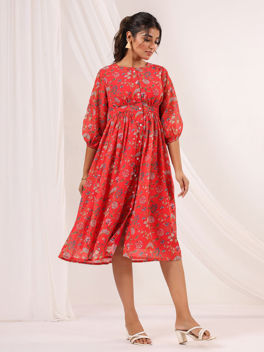 Janasya Bright Georgette Floral Gathered Dress - Distacart