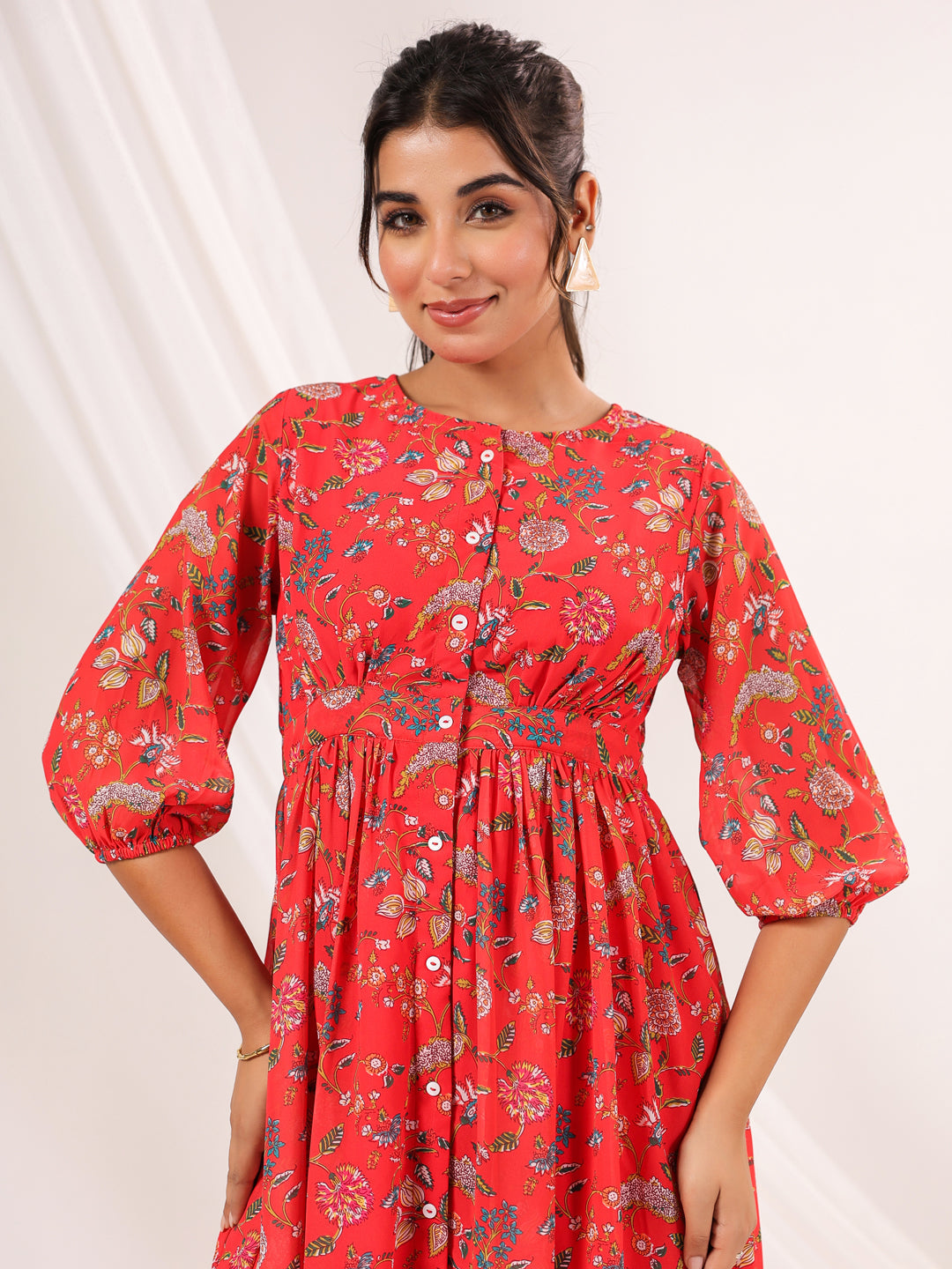 Janasya Bright Georgette Floral Gathered Dress - Distacart