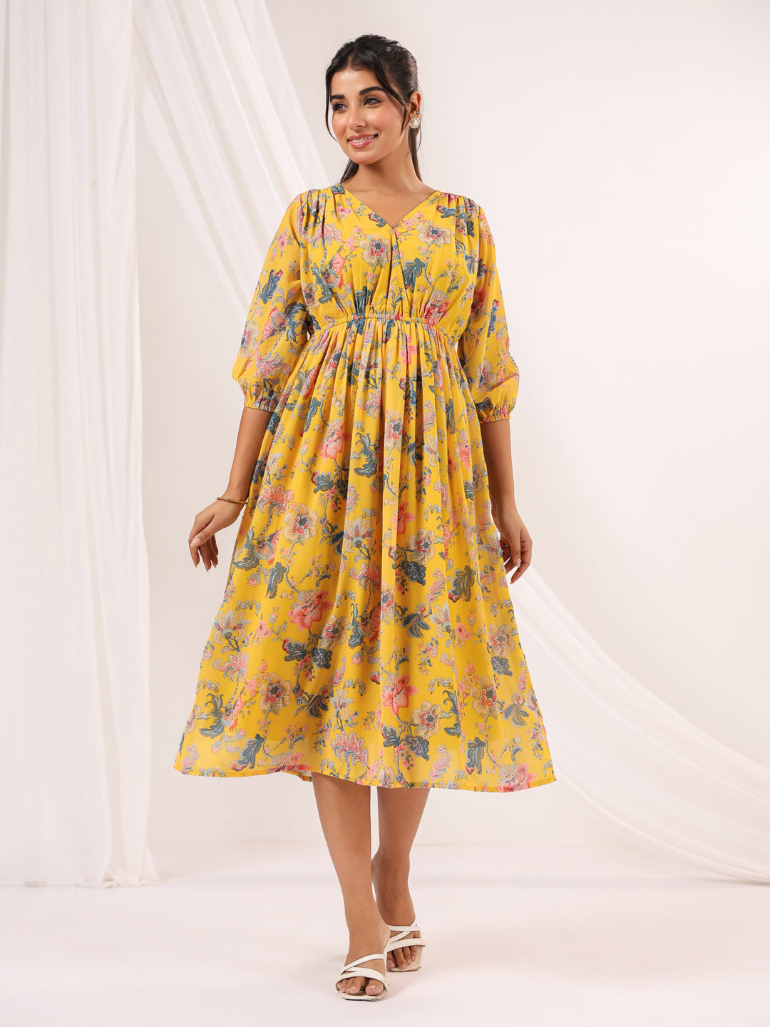 Janasya Bright Georgette Floral A-Line Dress - Distacart