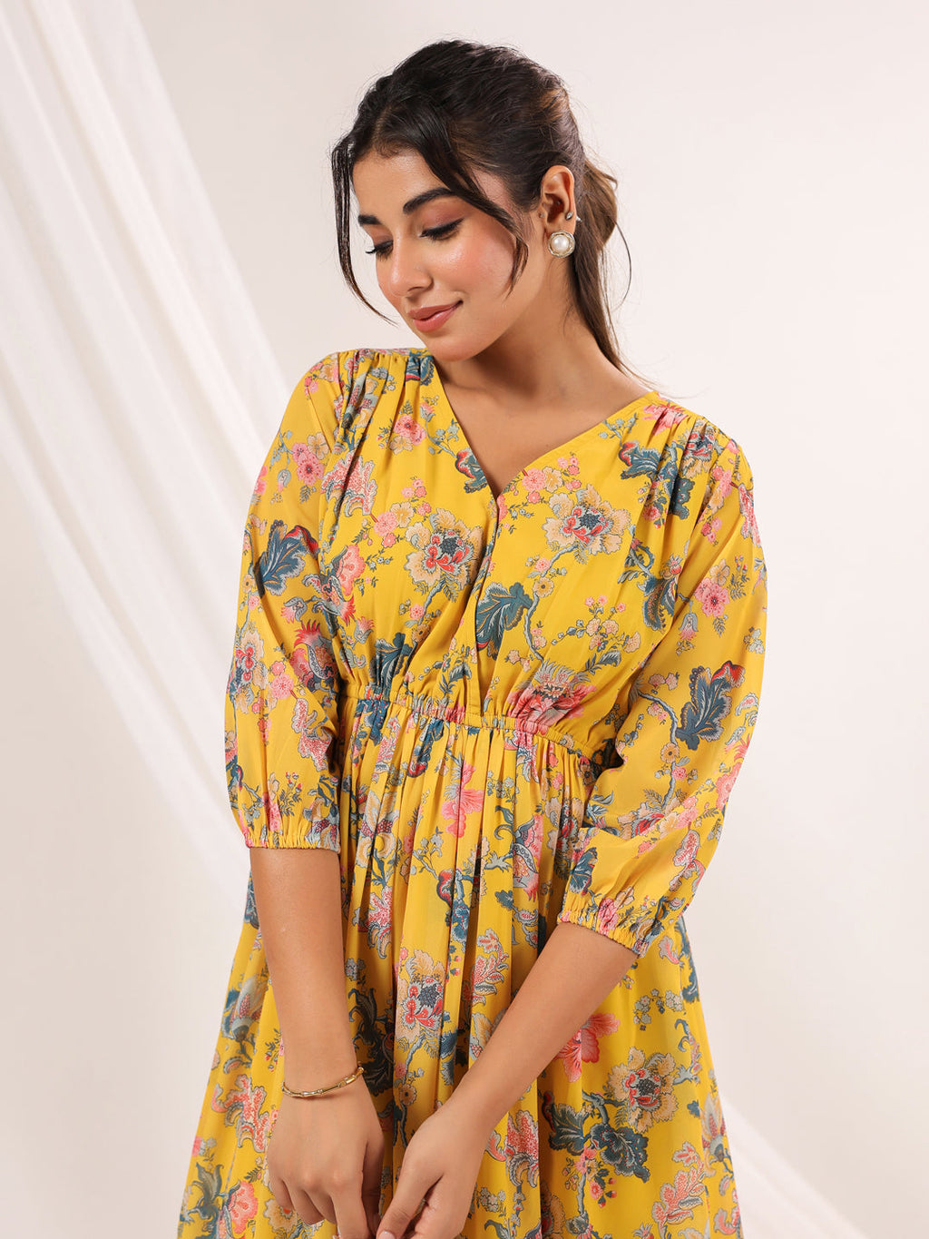 Janasya Bright Georgette Floral A-Line Dress - Distacart