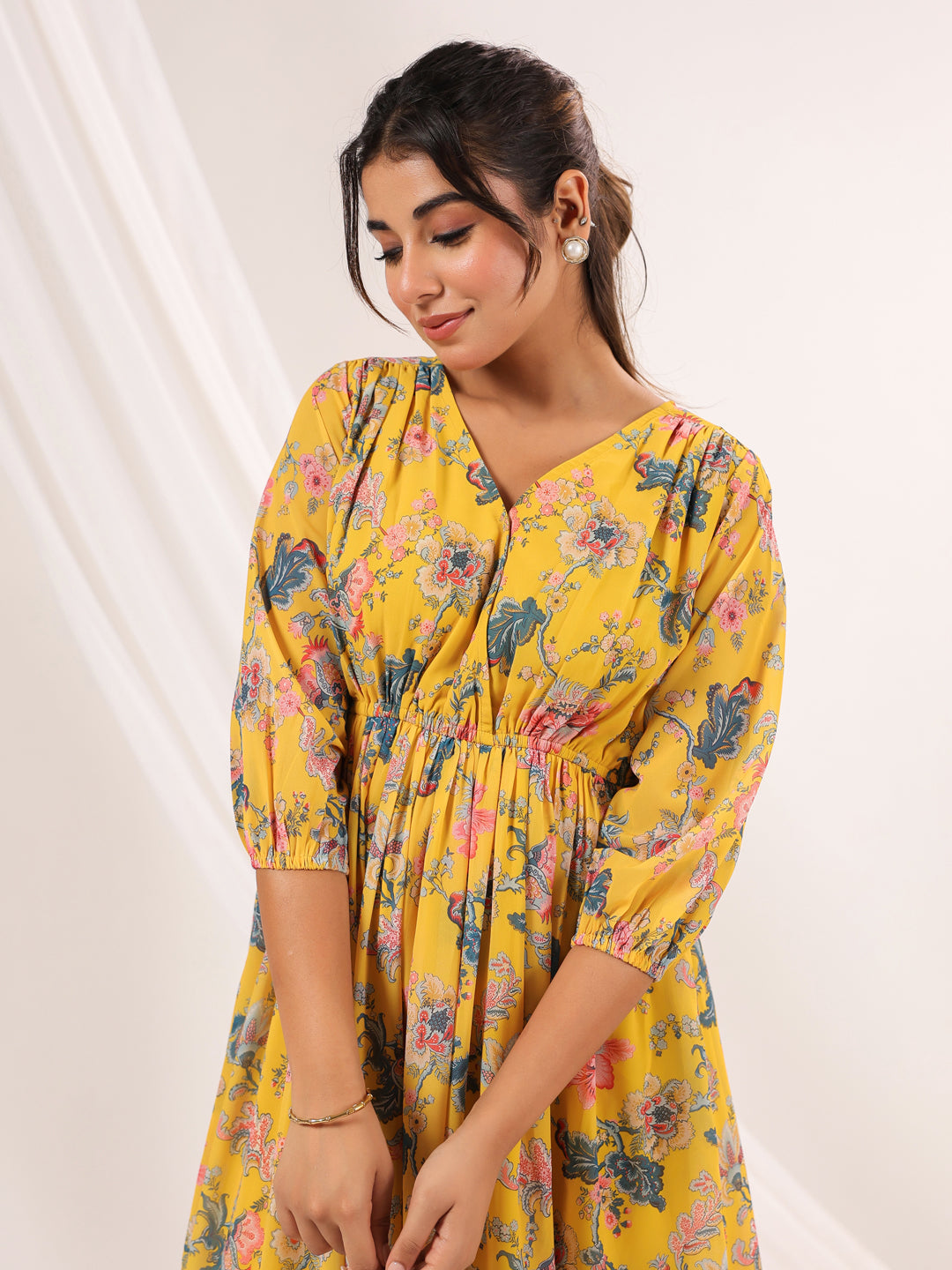 Janasya Bright Georgette Floral A-Line Dress - Distacart