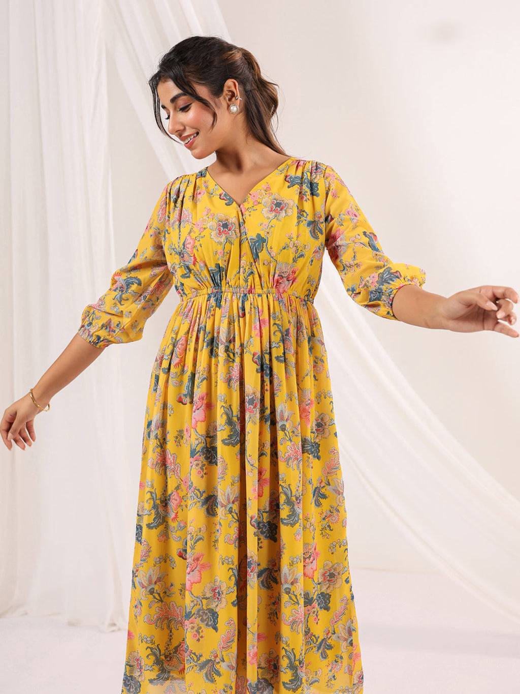 Janasya Bright Georgette Floral A-Line Dress - Distacart