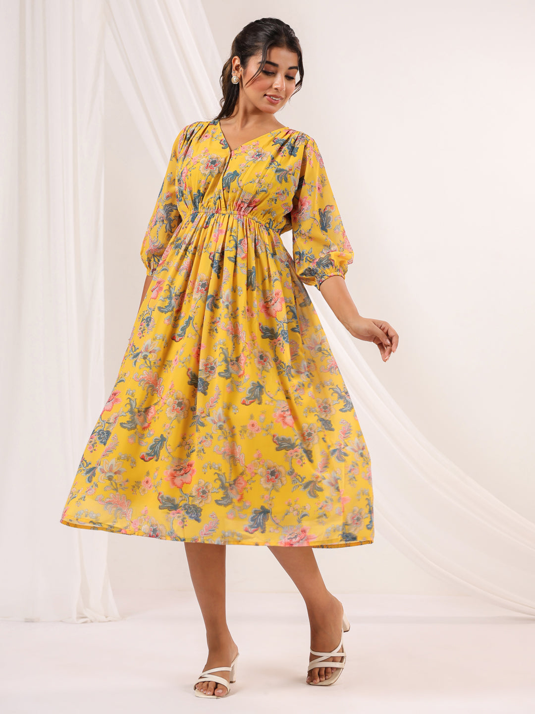 Janasya Bright Georgette Floral A-Line Dress - Distacart