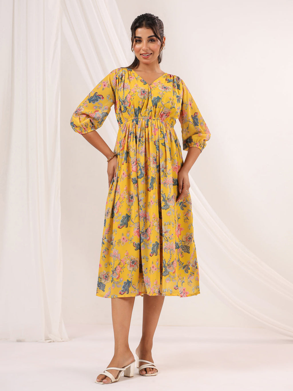 Janasya Bright Georgette Floral A-Line Dress - Distacart