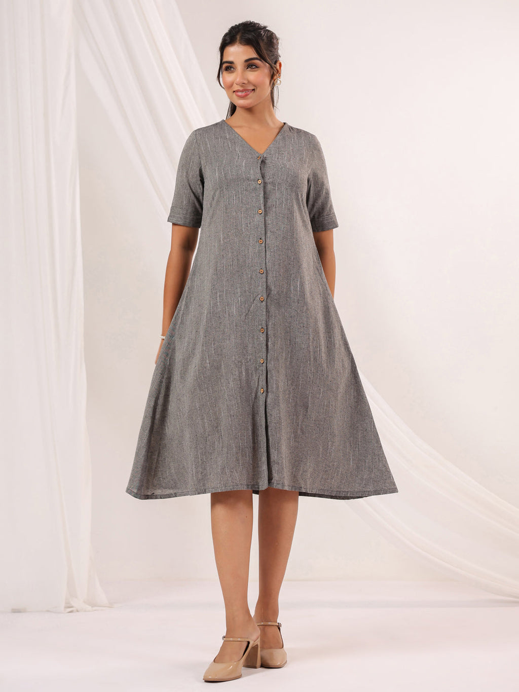 Janasya Dark Cotton Solid A-Line Dress - Distacart