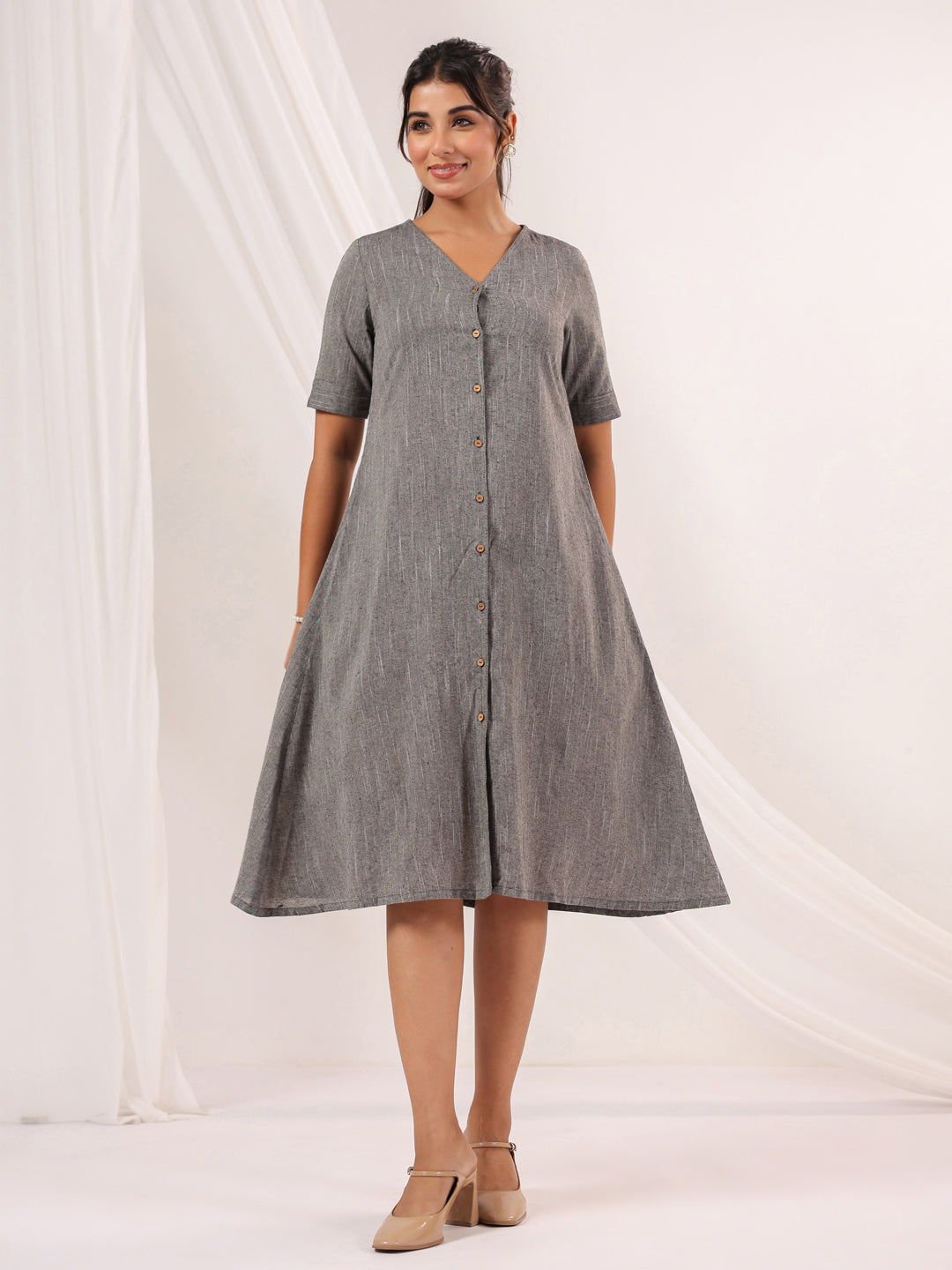 Janasya Dark Cotton Solid A-Line Dress - Distacart