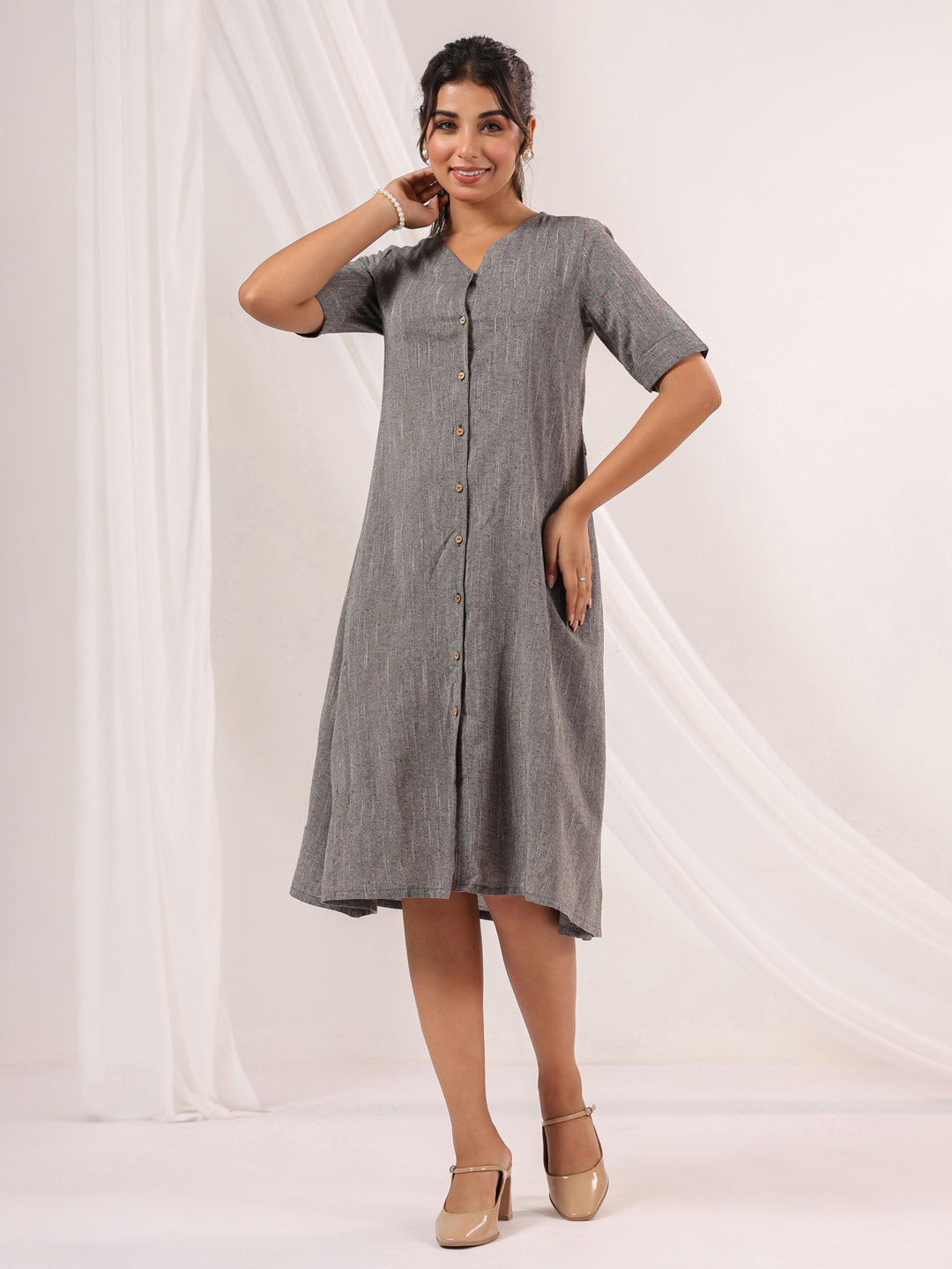 Janasya Dark Cotton Solid A-Line Dress - Distacart
