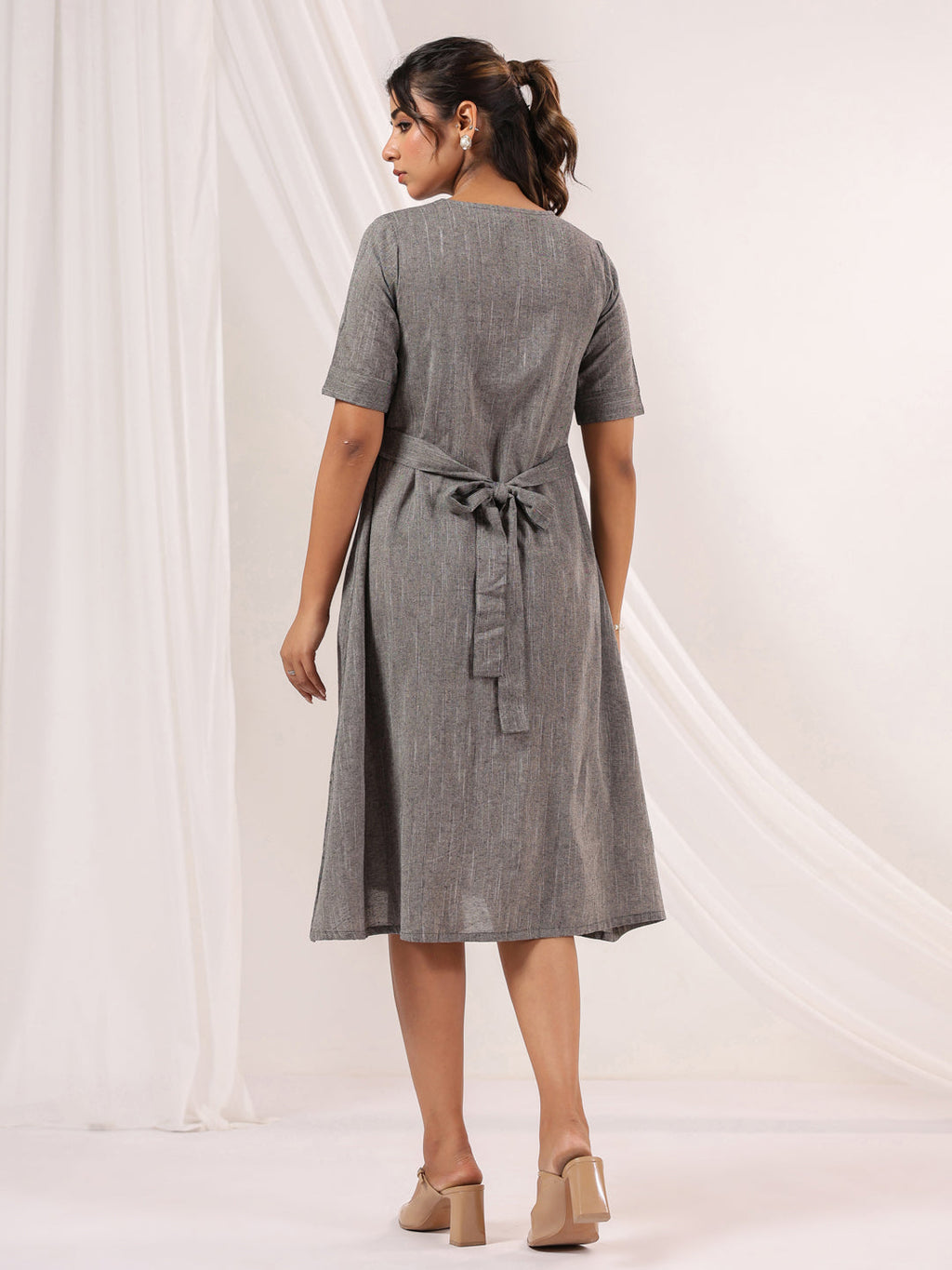 Janasya Dark Cotton Solid A-Line Dress - Distacart