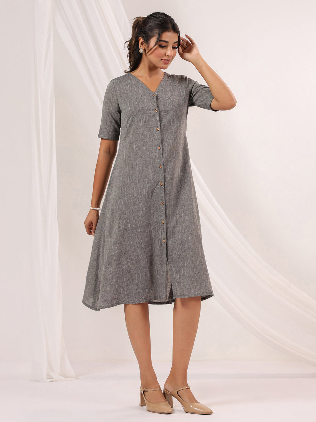 Janasya Dark Cotton Solid A-Line Dress - Distacart