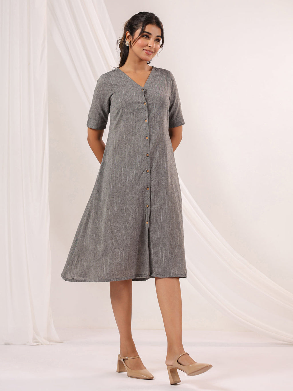 Janasya Dark Cotton Solid A-Line Dress - Distacart