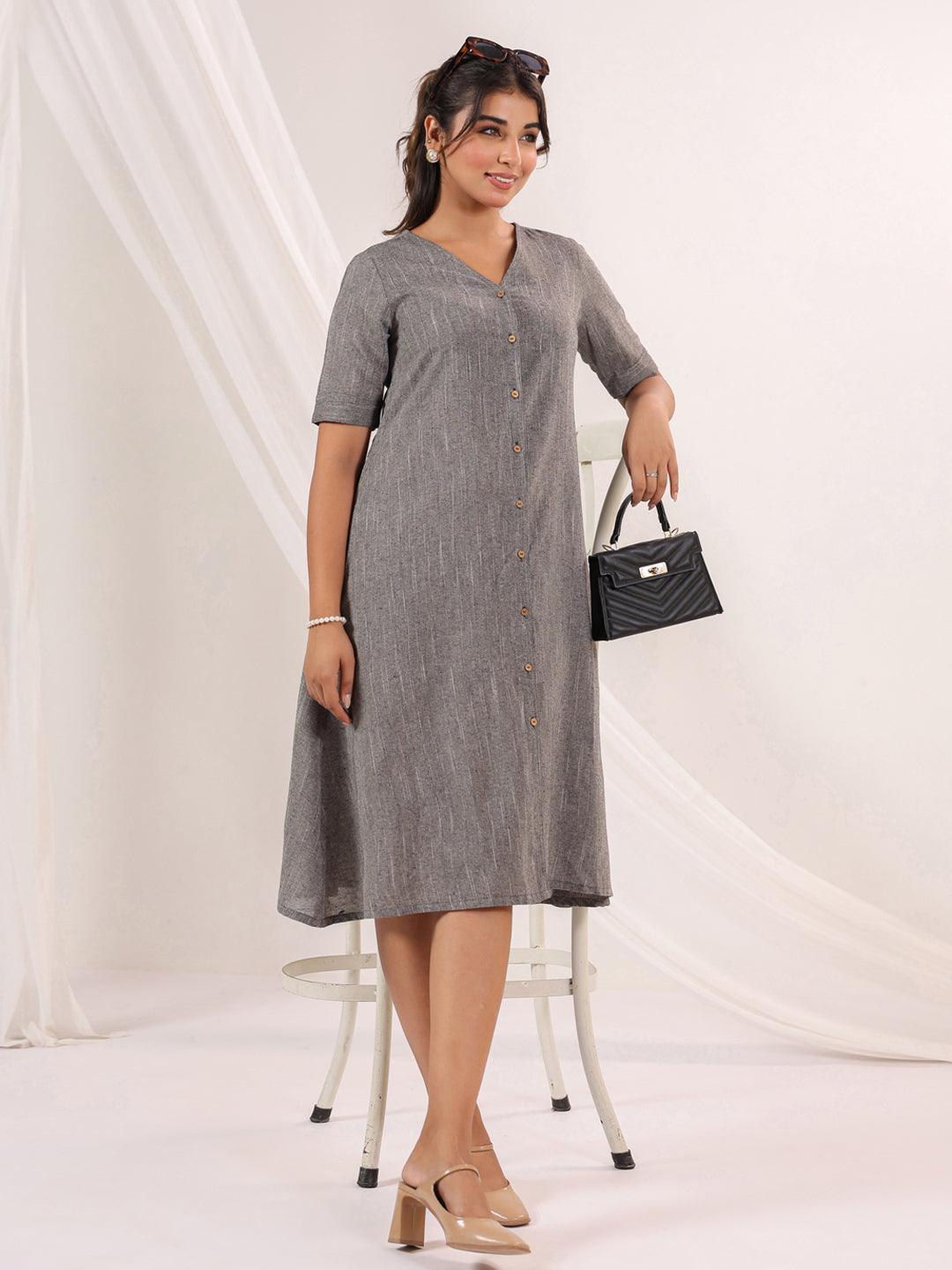 Janasya Dark Cotton Solid A-Line Dress - Distacart