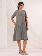 Janasya Dark Cotton Solid A-Line Dress - Distacart