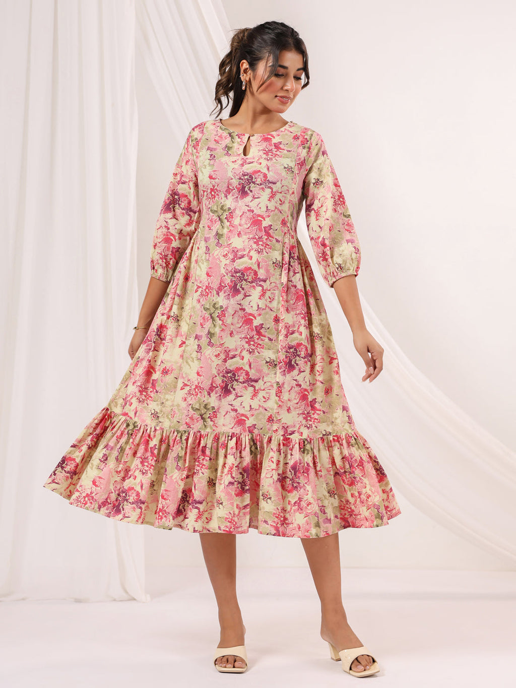 Janasya Bright Cotton Floral A-Line Dress - Distacart