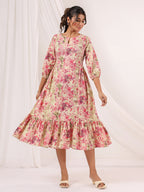 Janasya Bright Cotton Floral A-Line Dress - Distacart