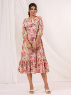 Janasya Bright Cotton Floral A-Line Dress - Distacart