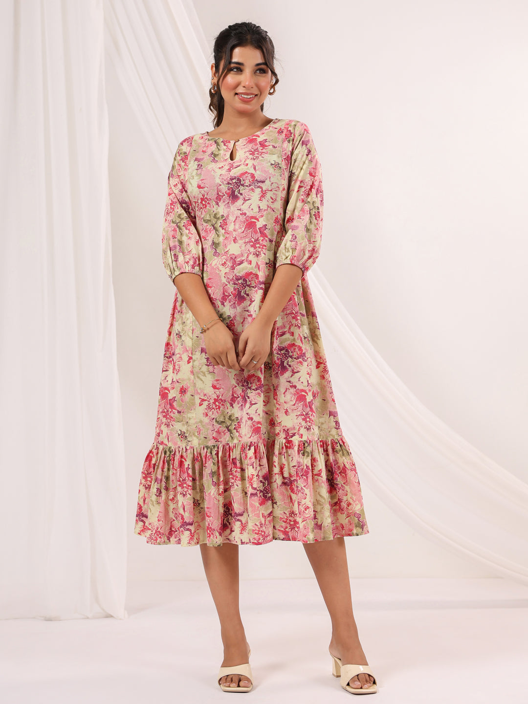 Janasya Bright Cotton Floral A-Line Dress - Distacart