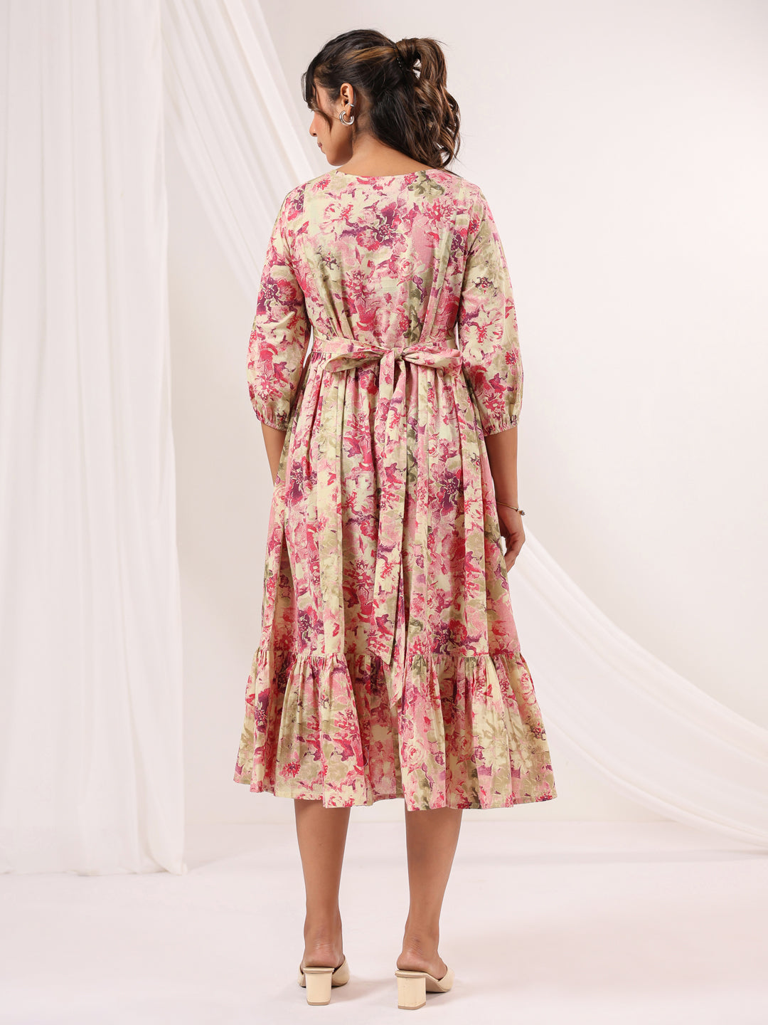 Janasya Bright Cotton Floral A-Line Dress - Distacart