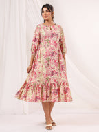 Janasya Bright Cotton Floral A-Line Dress - Distacart