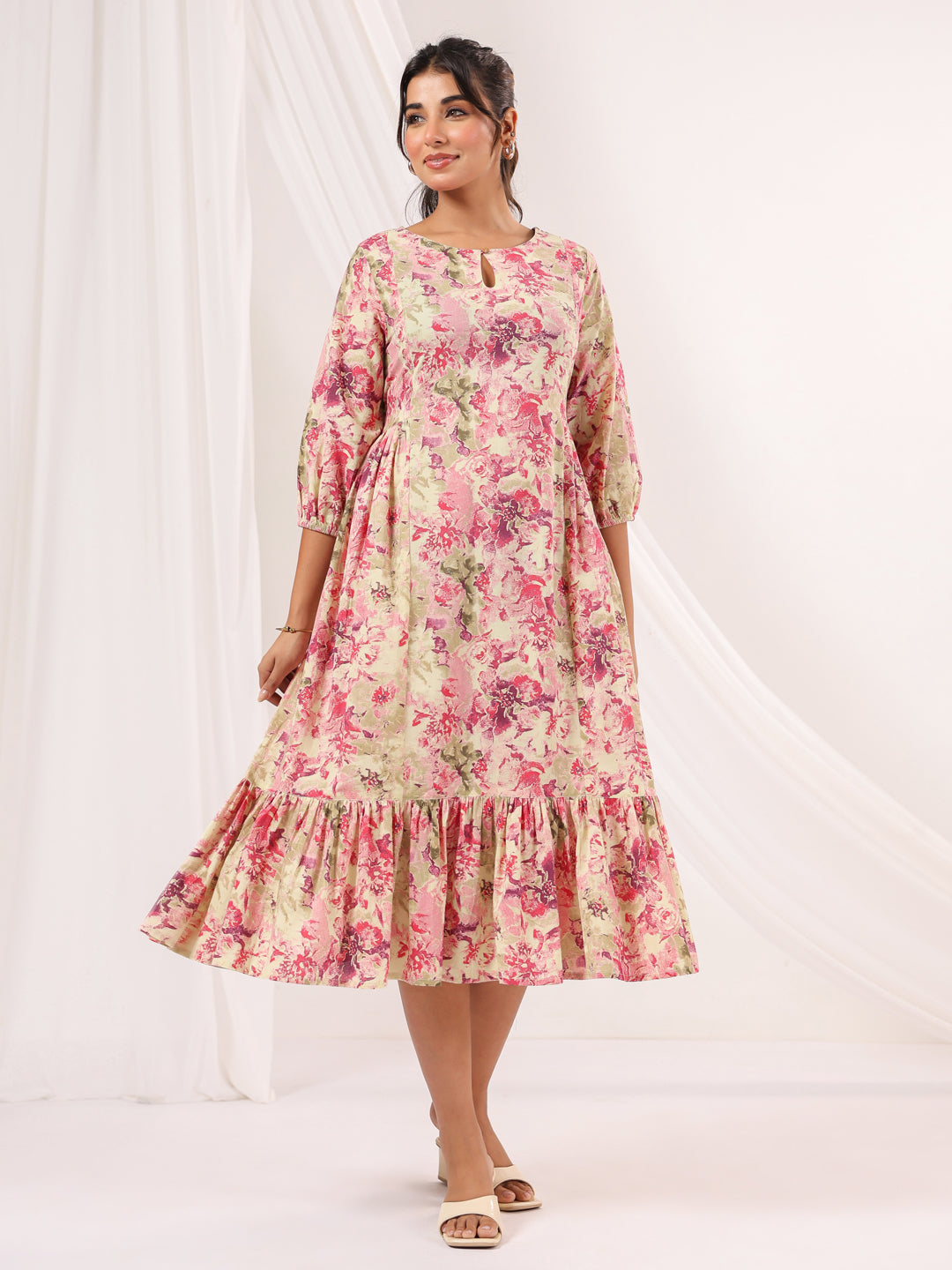 Janasya Bright Cotton Floral A-Line Dress - Distacart