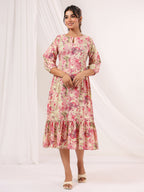 Janasya Bright Cotton Floral A-Line Dress - Distacart