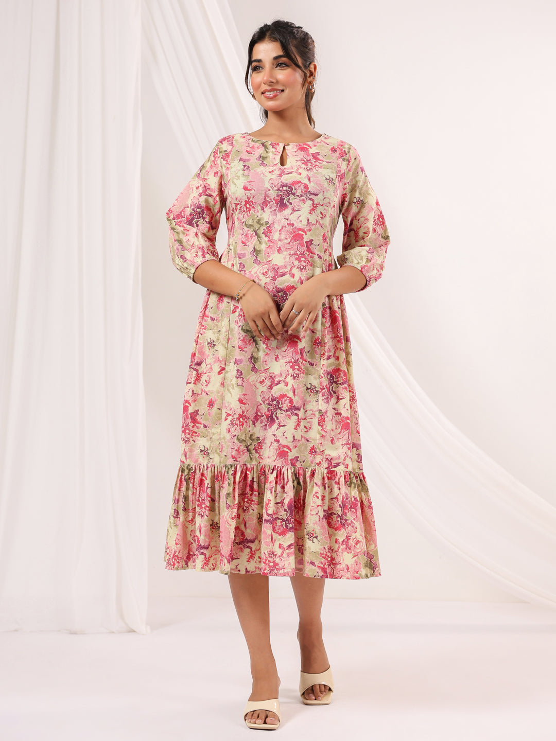 Janasya Bright Cotton Floral A-Line Dress - Distacart