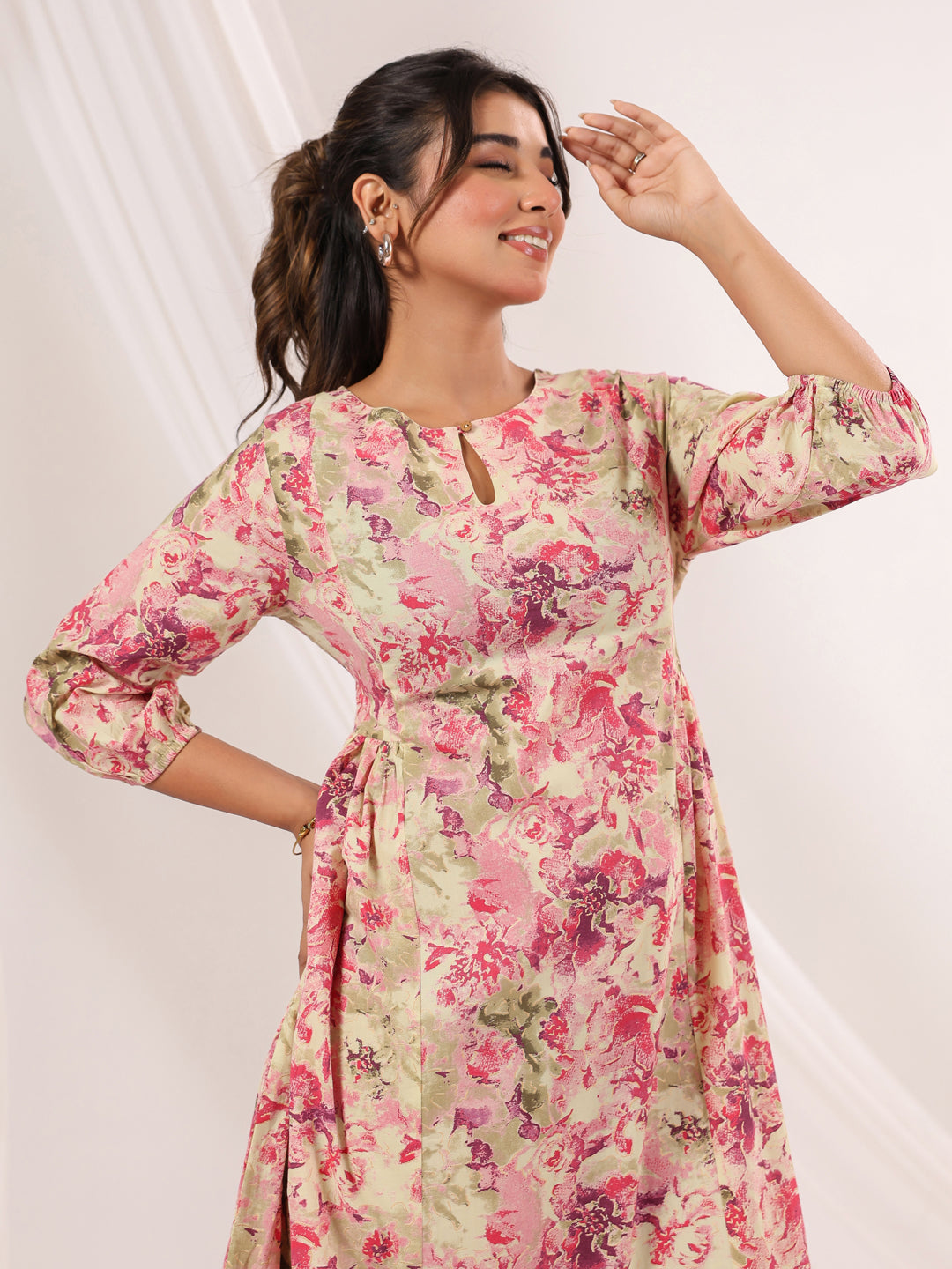 Janasya Bright Cotton Floral A-Line Dress - Distacart