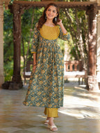 Janasya Dark Cotton Floral A-Line Kurta Set