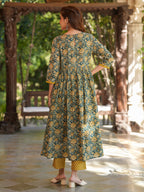 Janasya Dark Cotton Floral A-Line Kurta Set