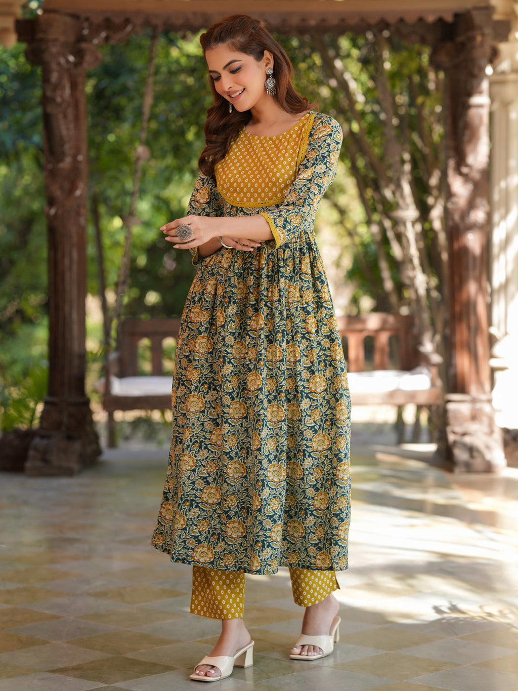 Janasya Dark Cotton Floral A-Line Kurta Set