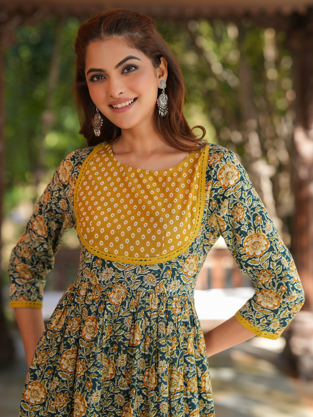 Janasya Dark Cotton Floral A-Line Kurta Set