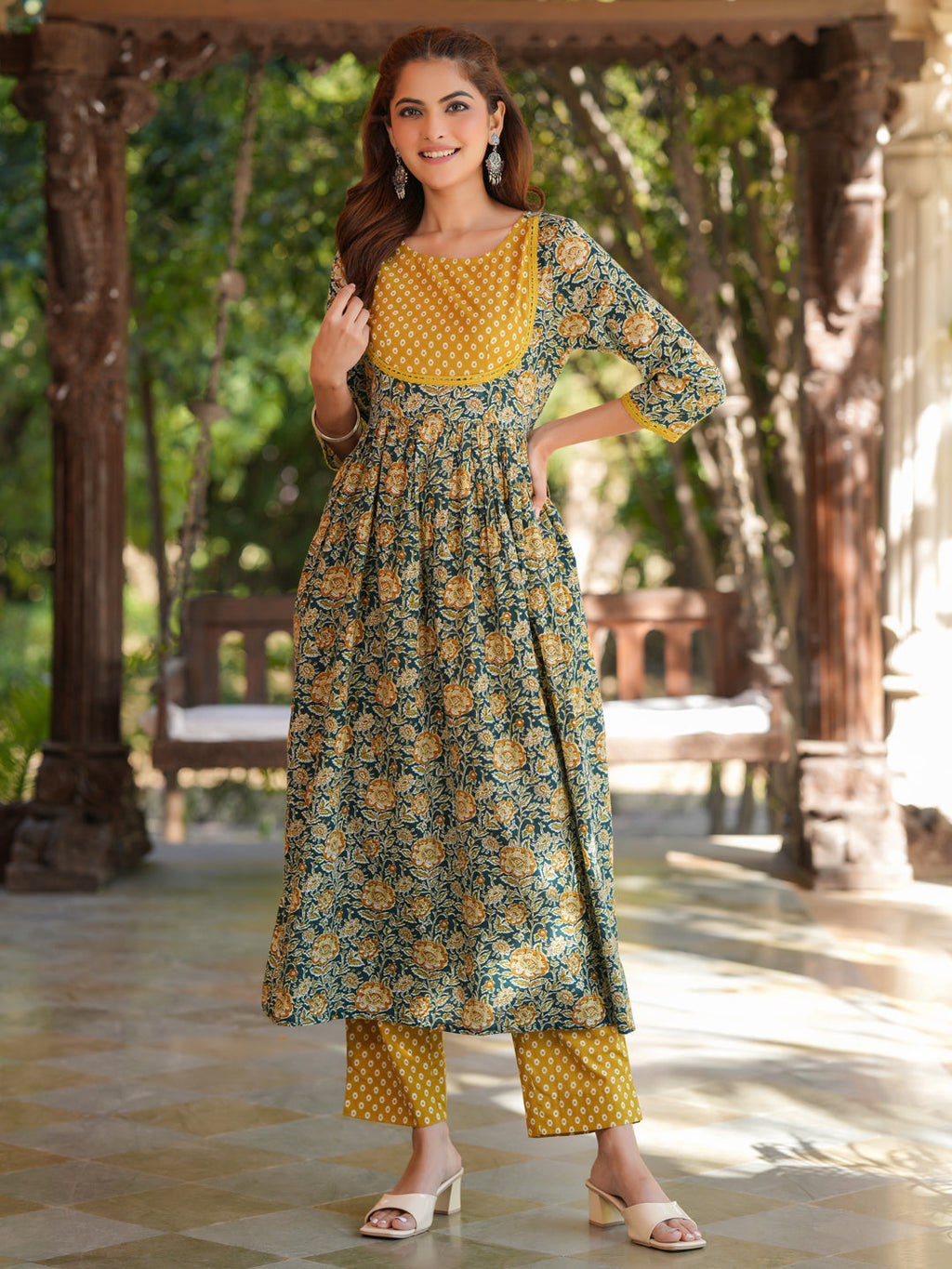 Janasya Dark Cotton Floral A-Line Kurta Set