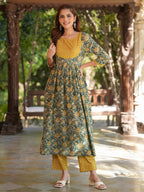 Janasya Dark Cotton Floral A-Line Kurta Set
