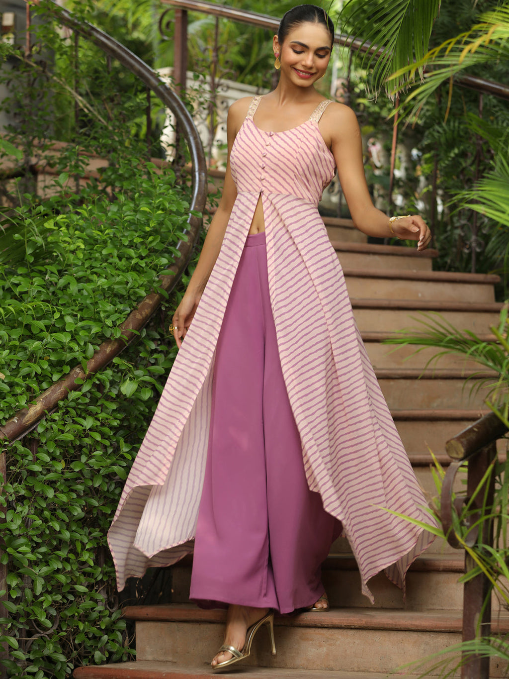 Janasya Light Georgette Striped Asymmetric Kurta Set - Distacart