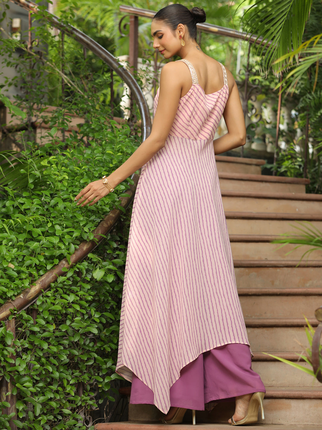 Janasya Light Georgette Striped Asymmetric Kurta Set - Distacart