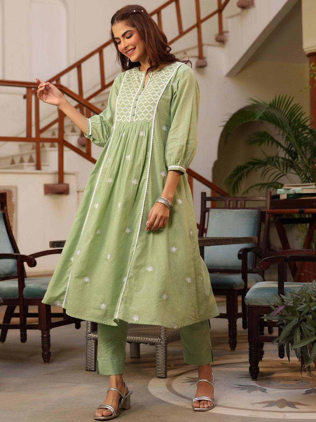 Janasya Light Cotton Embroidered A-Line Kurta Set - Distacart