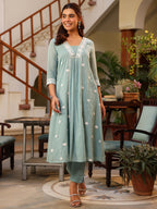 Janasya Light Cotton Embroidered A-Line Kurta Set