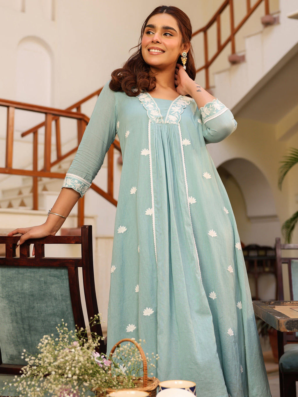 Janasya Light Cotton Embroidered A-Line Kurta Set