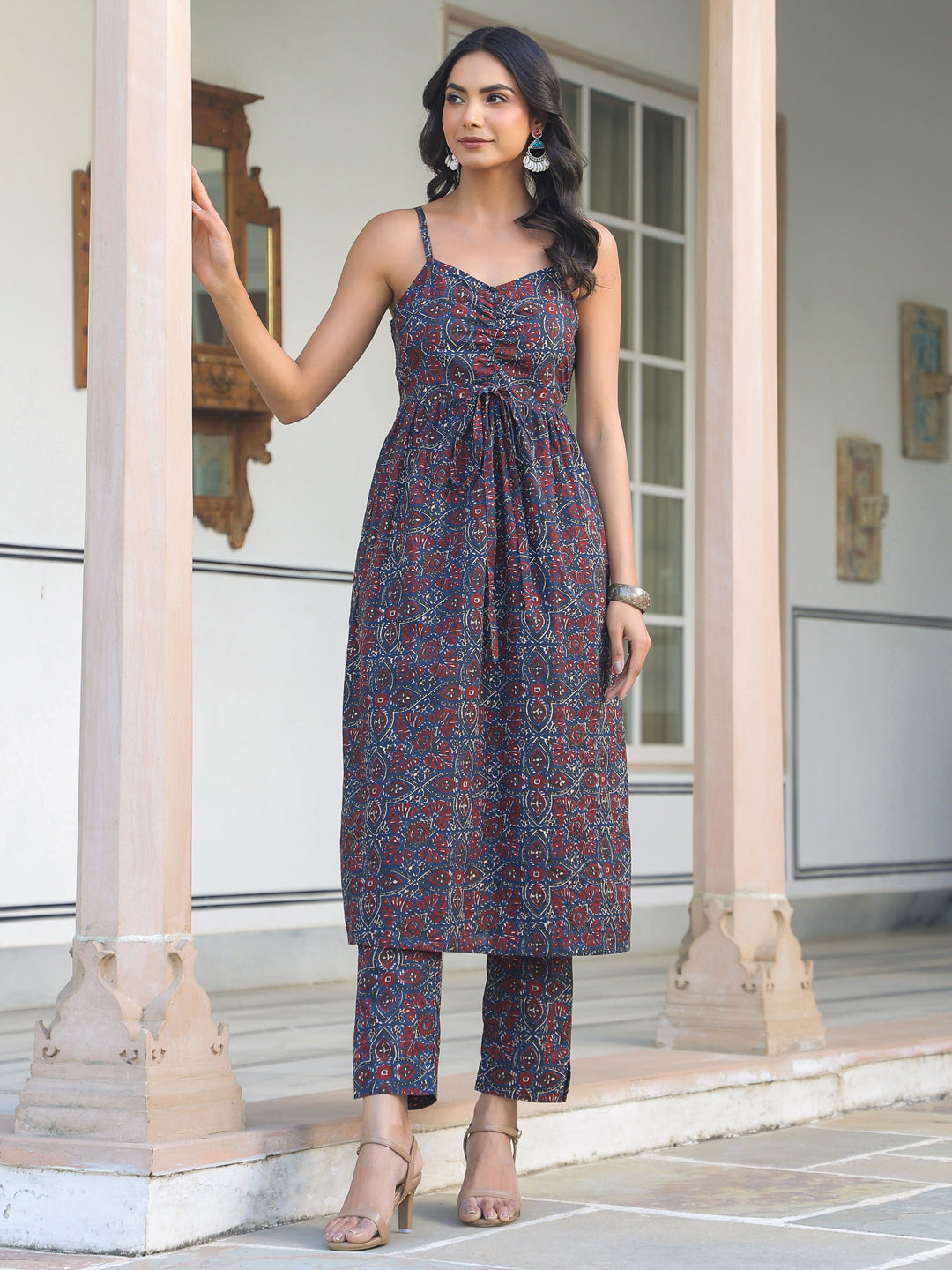 Janasya Dark Cotton Ethnic Motifs A-Line Kurta Set - Distacart