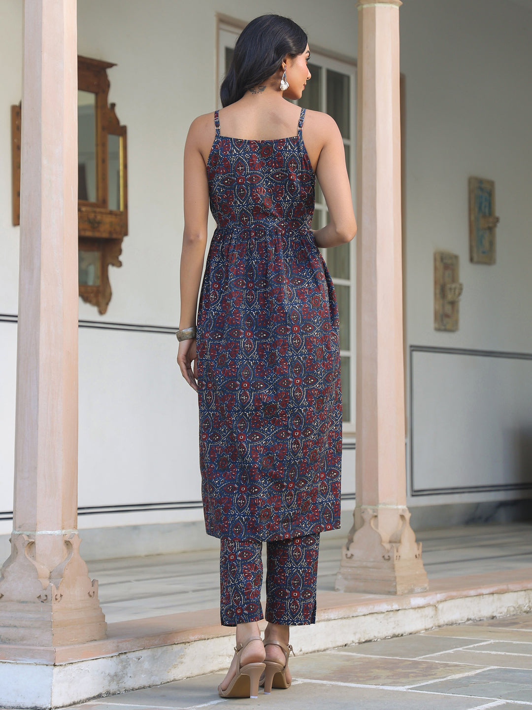 Janasya Dark Cotton Ethnic Motifs A-Line Kurta Set - Distacart