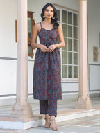 Janasya Dark Cotton Ethnic Motifs A-Line Kurta Set - Distacart