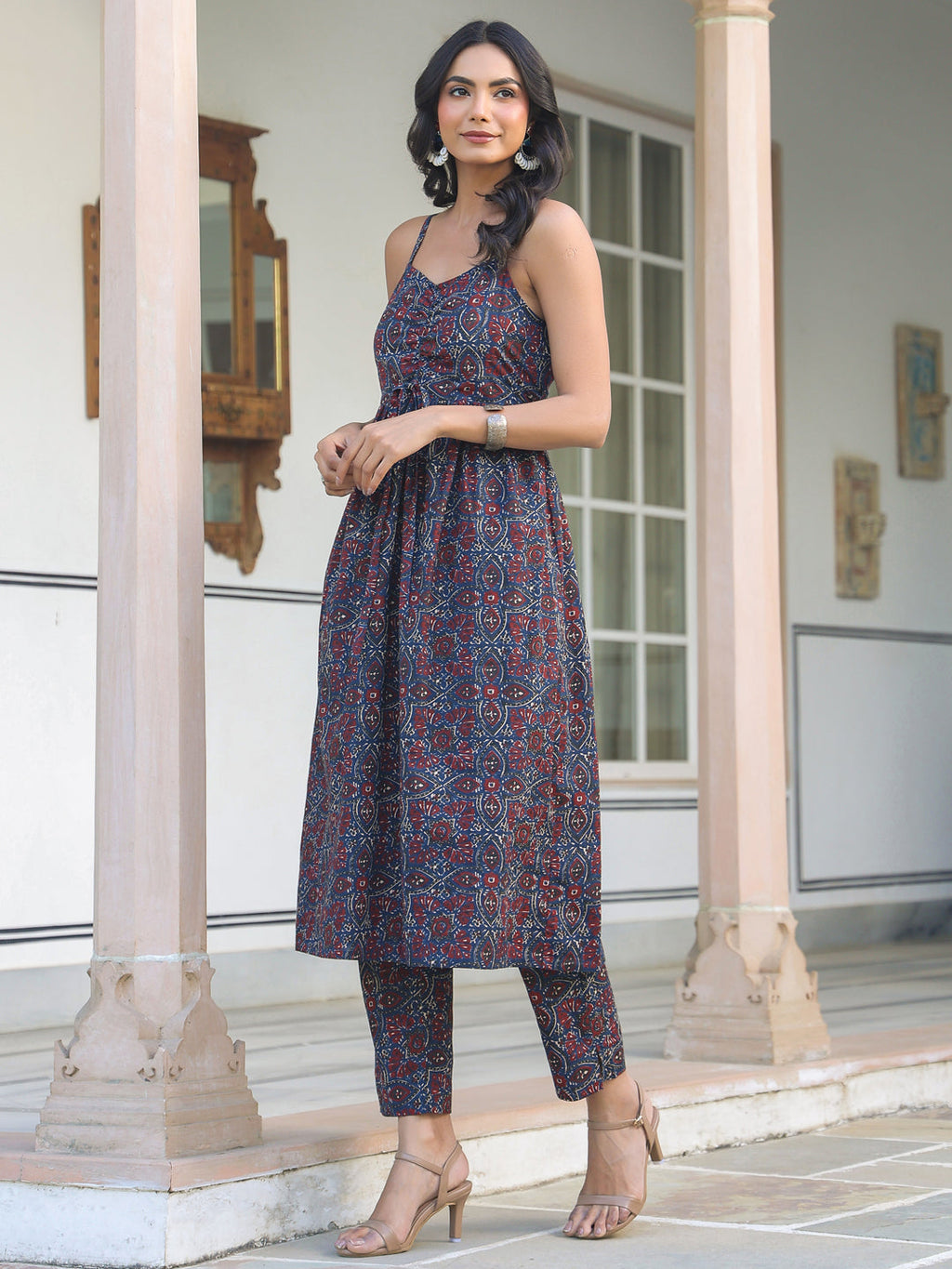 Janasya Dark Cotton Ethnic Motifs A-Line Kurta Set - Distacart