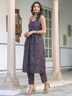 Janasya Dark Cotton Ethnic Motifs A-Line Kurta Set - Distacart