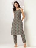 Janasya Dark Cotton Ethnic Motifs Straight Kurta Set - Distacart