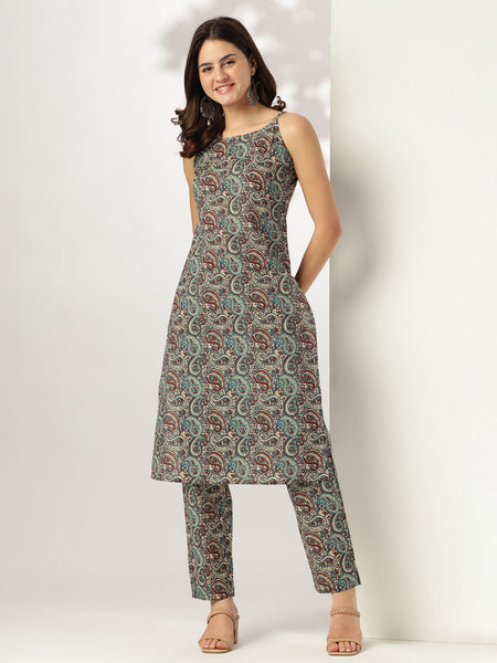 Janasya Dark Cotton Ethnic Motifs Straight Kurta Set