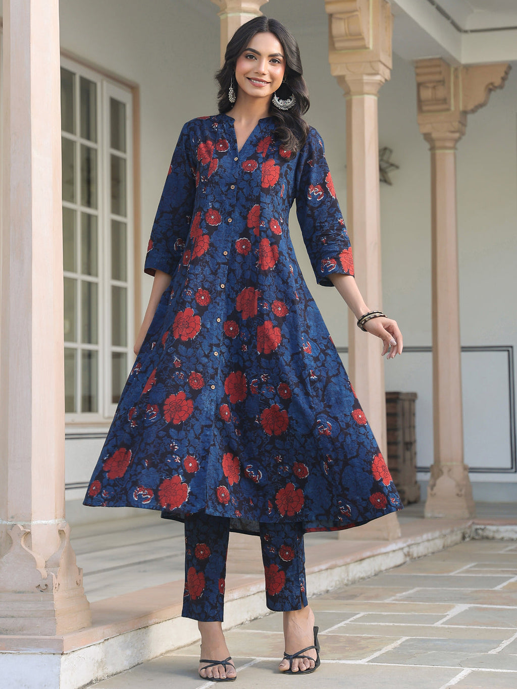 Janasya Dark Cotton Floral A-Line Kurta Set - Distacart