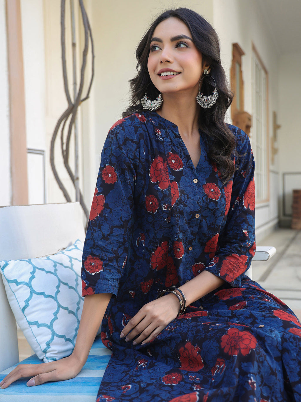 Janasya Dark Cotton Floral A-Line Kurta Set - Distacart