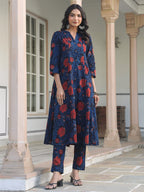 Janasya Dark Cotton Floral A-Line Kurta Set - Distacart