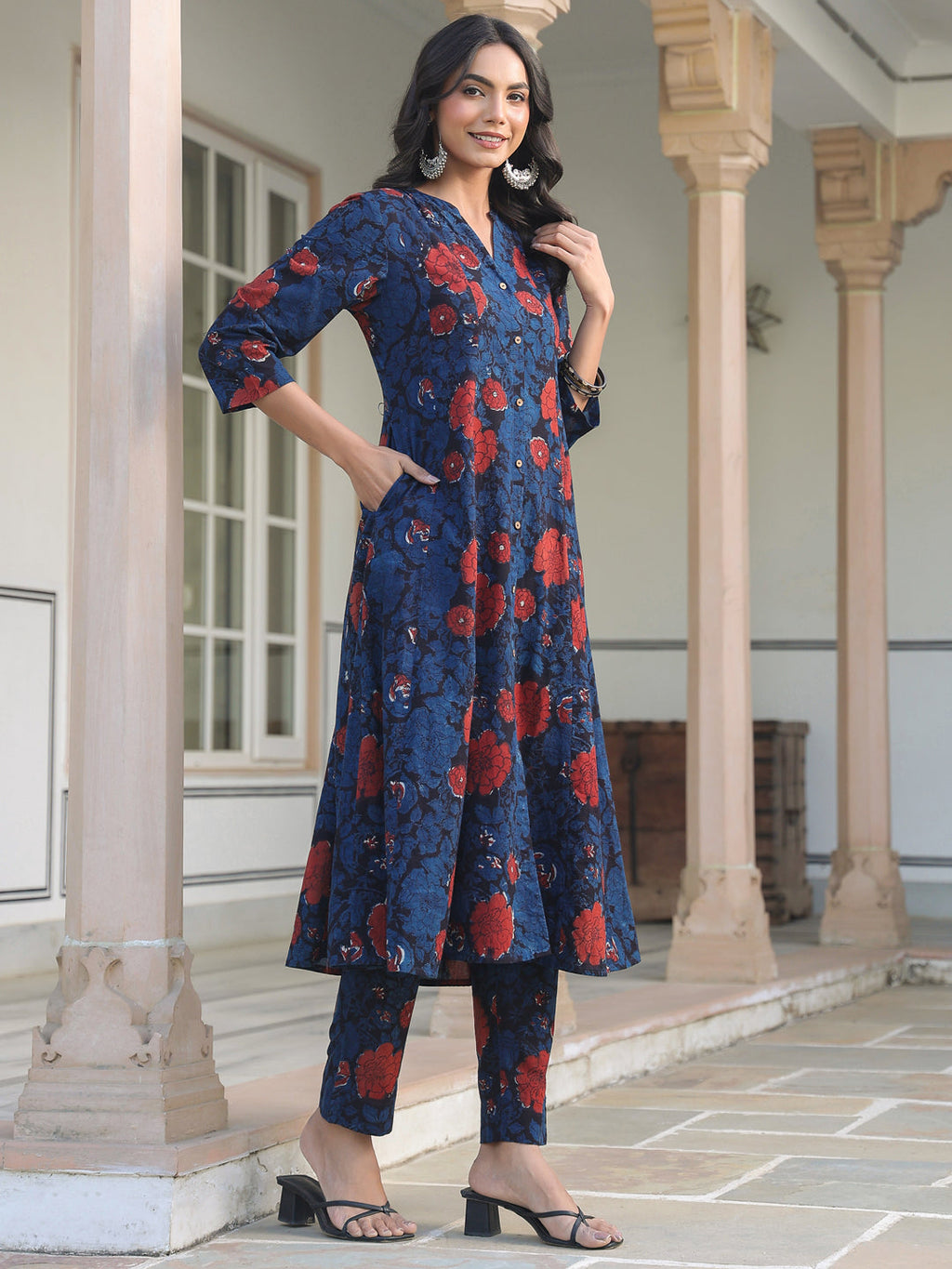 Janasya Dark Cotton Floral A-Line Kurta Set - Distacart
