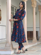 Janasya Dark Cotton Floral A-Line Kurta Set - Distacart
