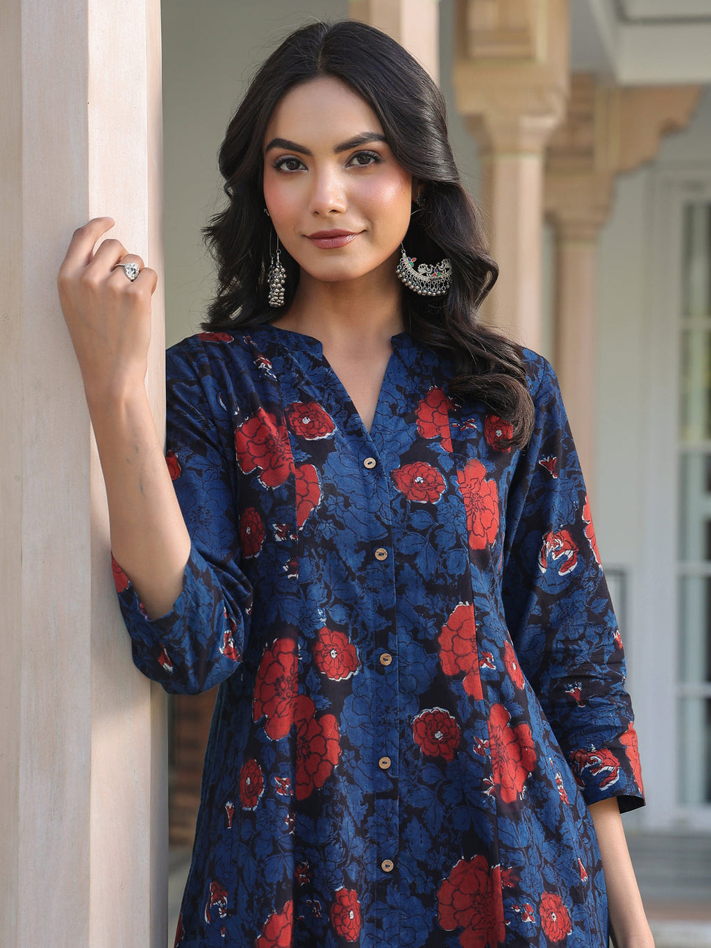 Janasya Dark Cotton Floral A-Line Kurta Set - Distacart